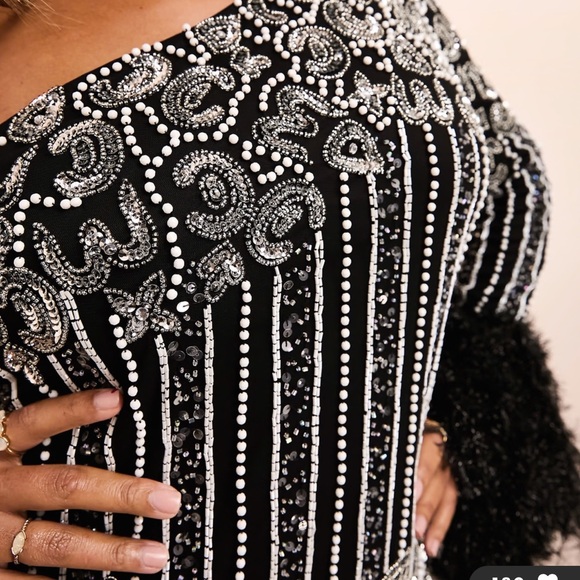 🚨ASOS LUXE Curve embellished midi dress with faux feather cuff - Picture 2 of 5